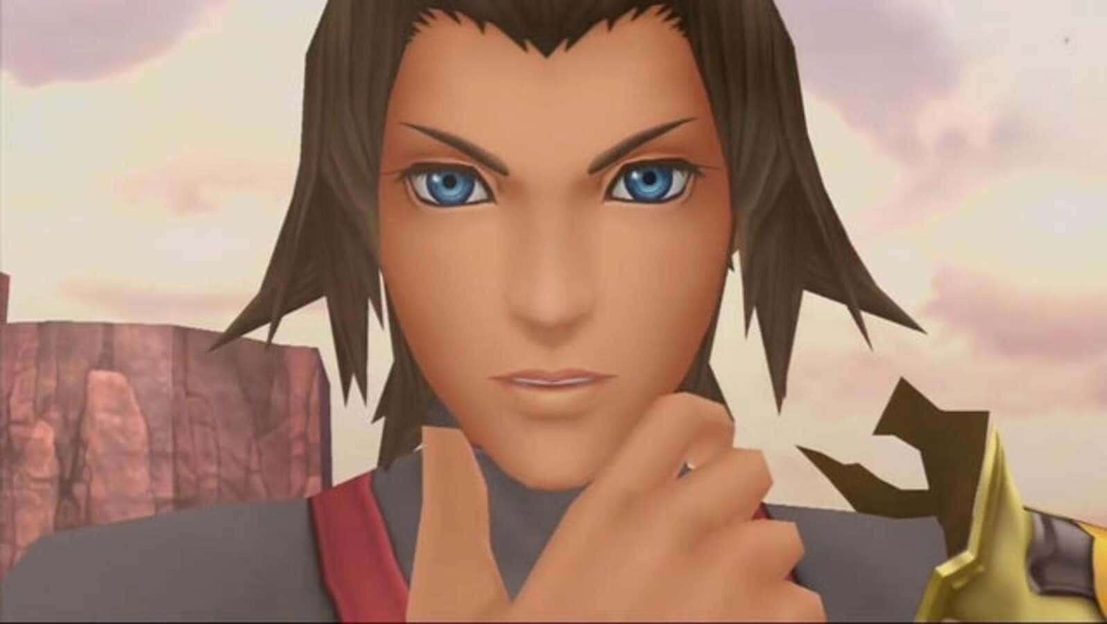 Kingdom Hearts Terra 桌布 壁紙 — 動漫角色特寫，擁有引人注目的藍色眼睛和深色頭髮，手靠近下巴，背景是柔和的天空。