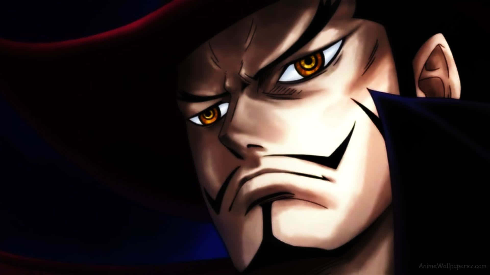 Dracule Mihawk 桌布 壁紙 — 動漫角色特寫，擁有強烈的橙色眼睛和嚴肅的表情，戴著深色帽子。