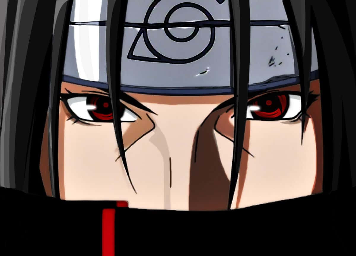 Itachi 桌布 壁紙 — 動漫角色特寫，擁有強烈的紅色眼睛和黑色頭髮，戴著帶有螺旋符號的頭帶。