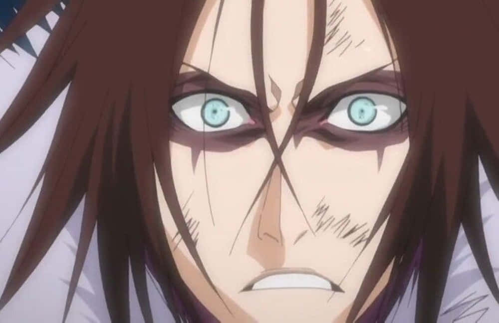 Bleach Muramasa 桌布 壁紙 — 動漫角色特寫，擁有強烈的藍色眼睛和棕色頭髮，展現出兇猛的決心。
