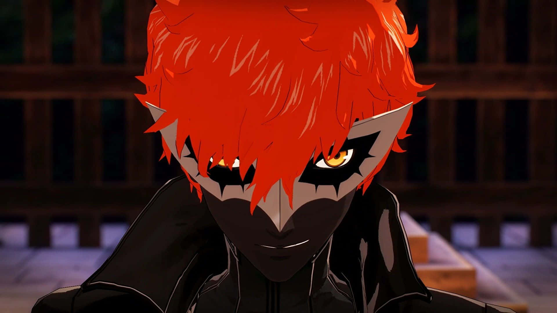 Persona 5 Strikers 桌布 壁紙 — 動漫角色特寫，擁有火紅的頭髮和發光的黃色眼睛，戴著黑色面具。