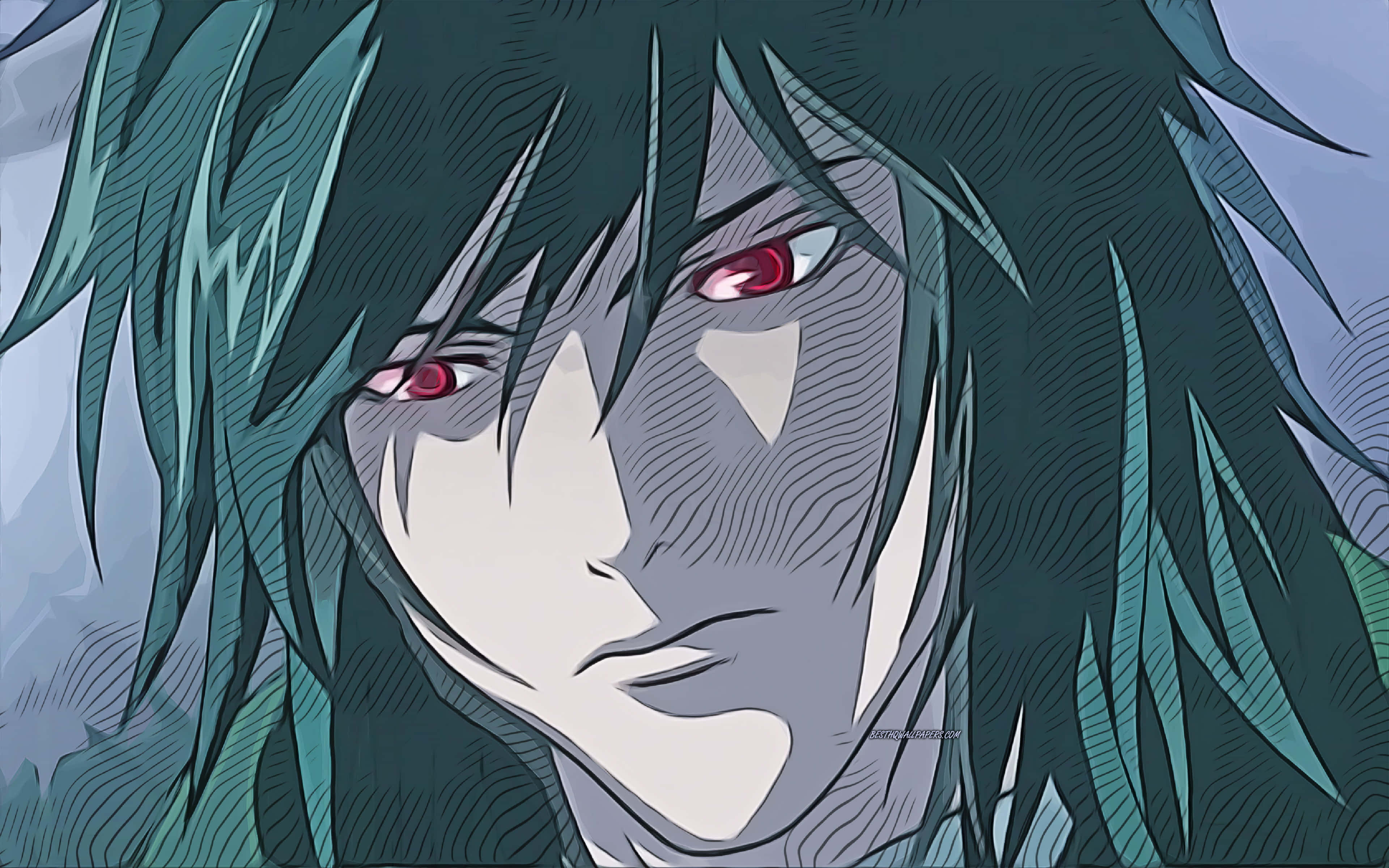 Teru Mikami 桌布 壁紙 — 動漫角色特寫，擁有青綠色頭髮和發光的紅色眼睛，凝視著。