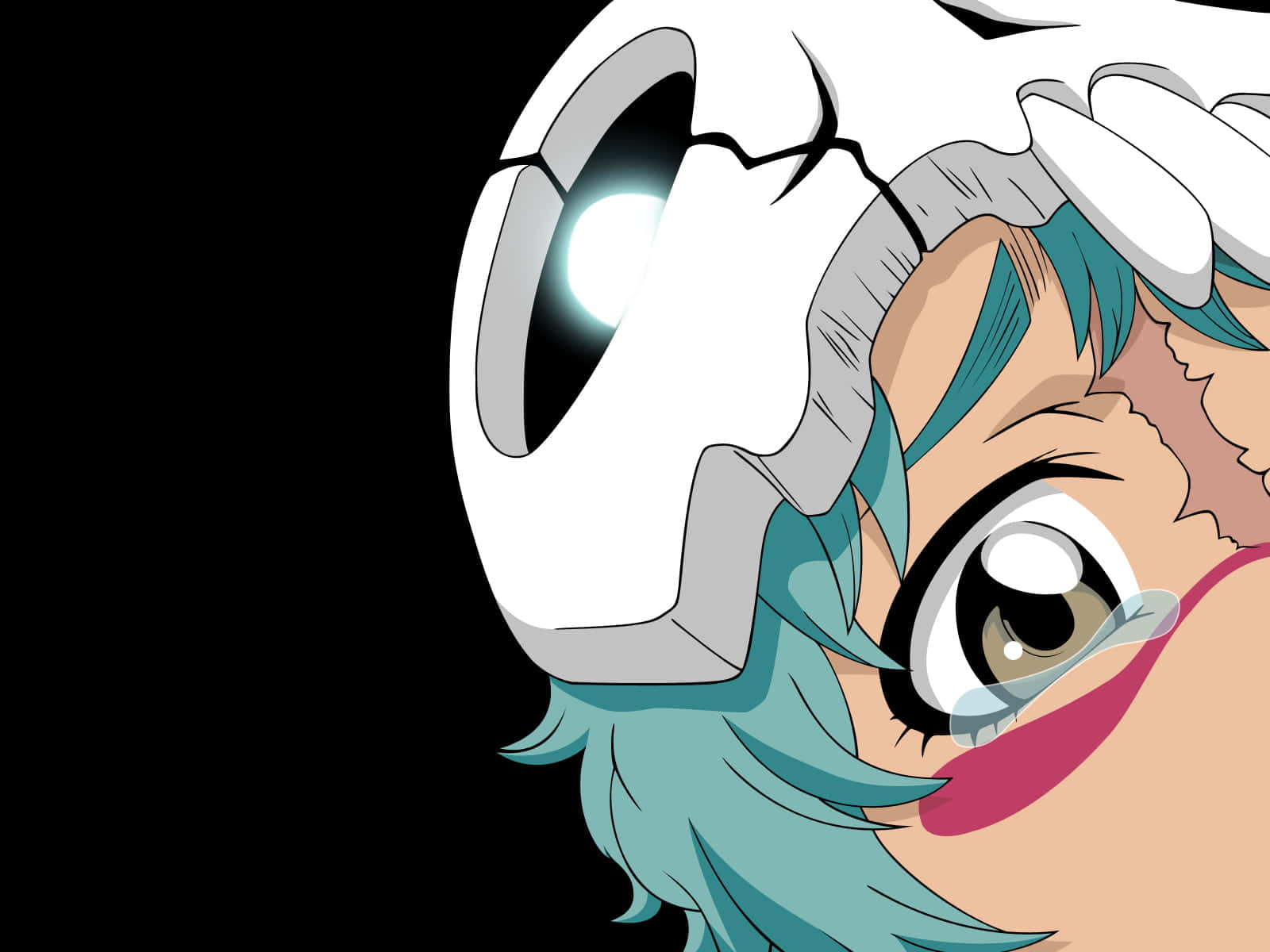 Nelliel Tu Odelschwanck 桌布 壁紙 — 動漫角色特寫，擁有青色頭髮和發光的白色頭盔，背景為黑色。