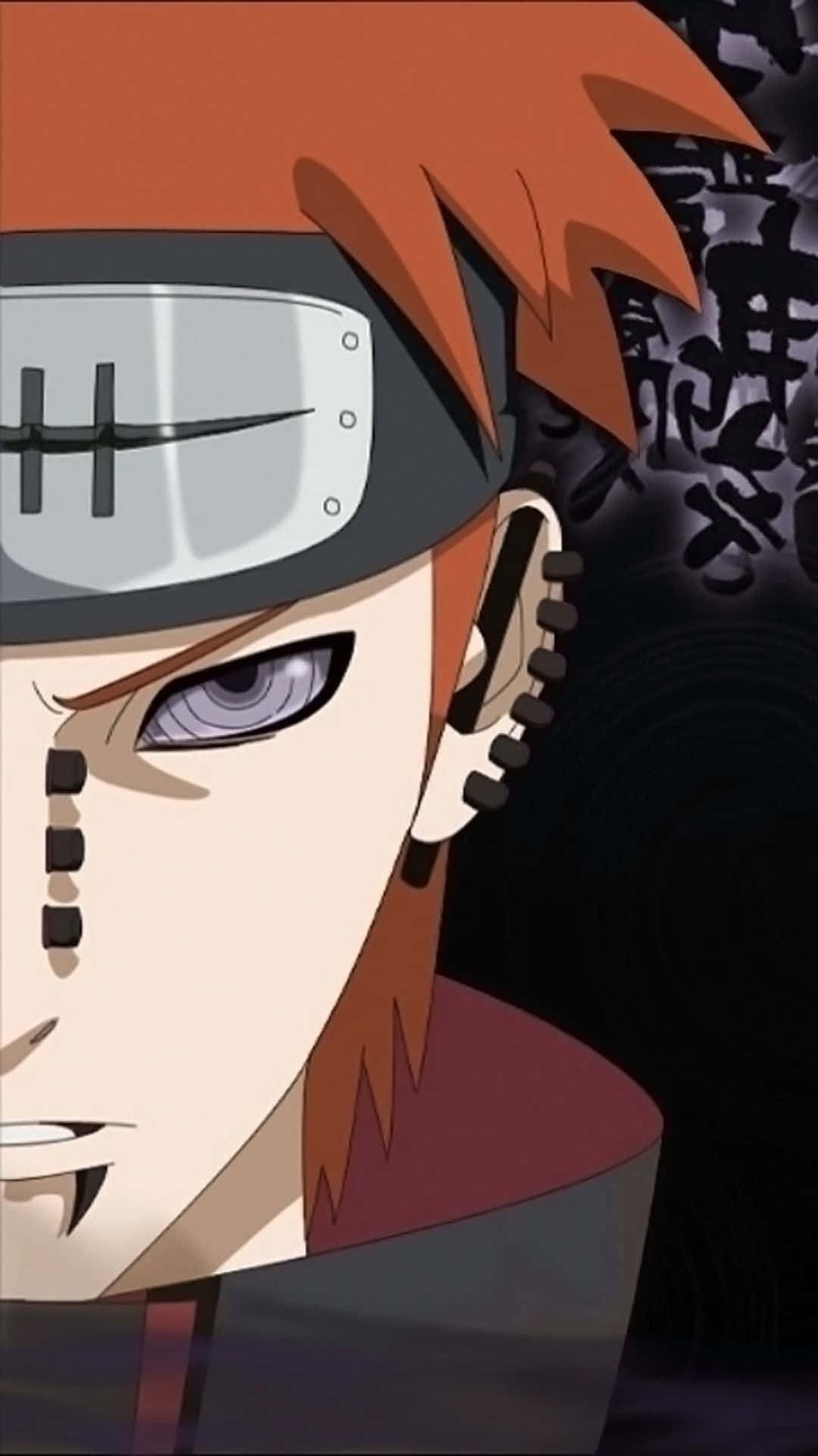 Akatsuki Yahiko 桌布 壁紙 — 動漫角色特寫，橙色頭髮，紫色眼睛，戴著頭帶，背景為深色漩渦。