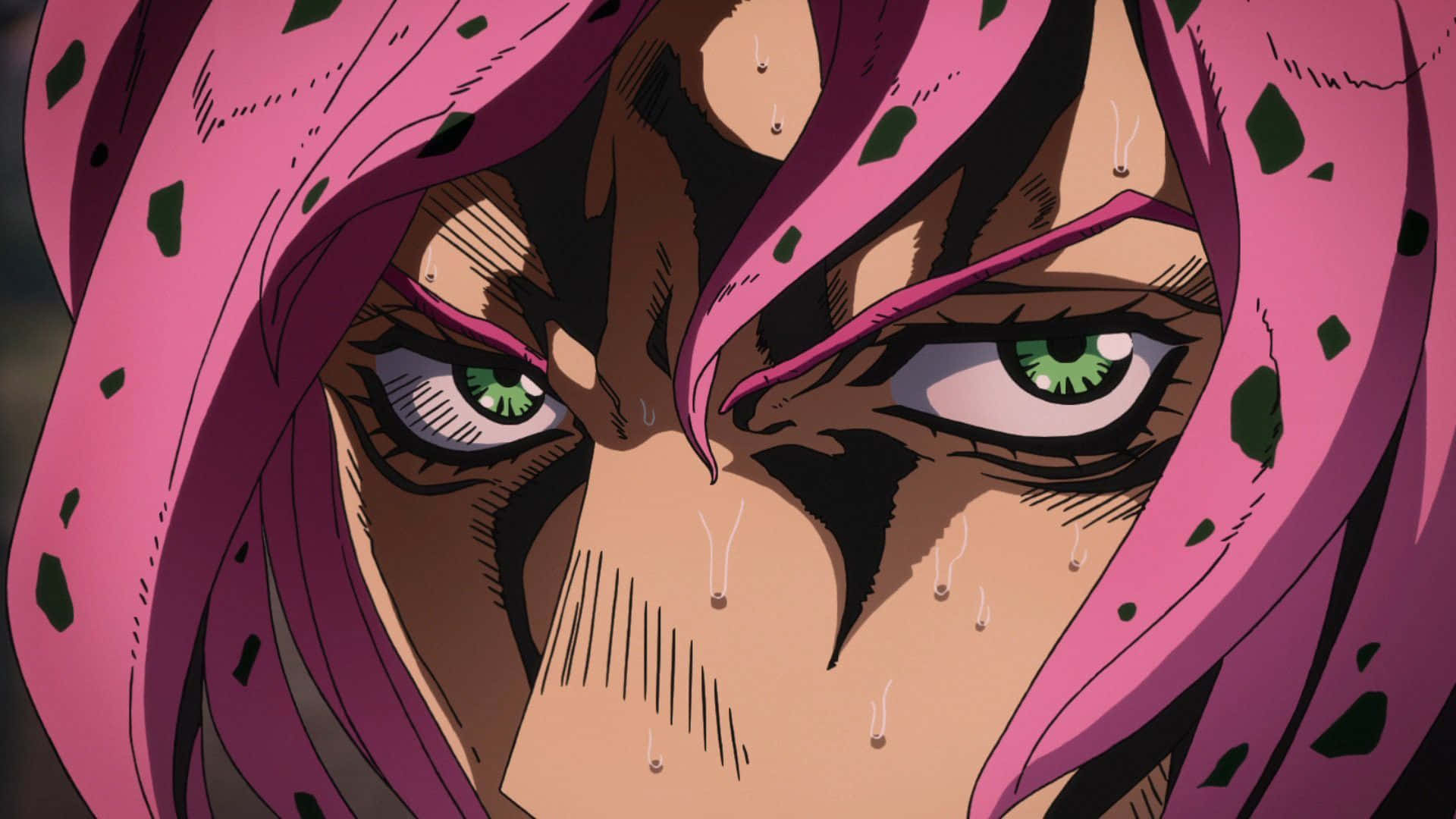 Jojo's Bizarre Adventure Diavolo 桌布 壁紙 — 動漫角色特寫，粉紅色頭髮、綠色眼睛，淚水沿臉頰流下。