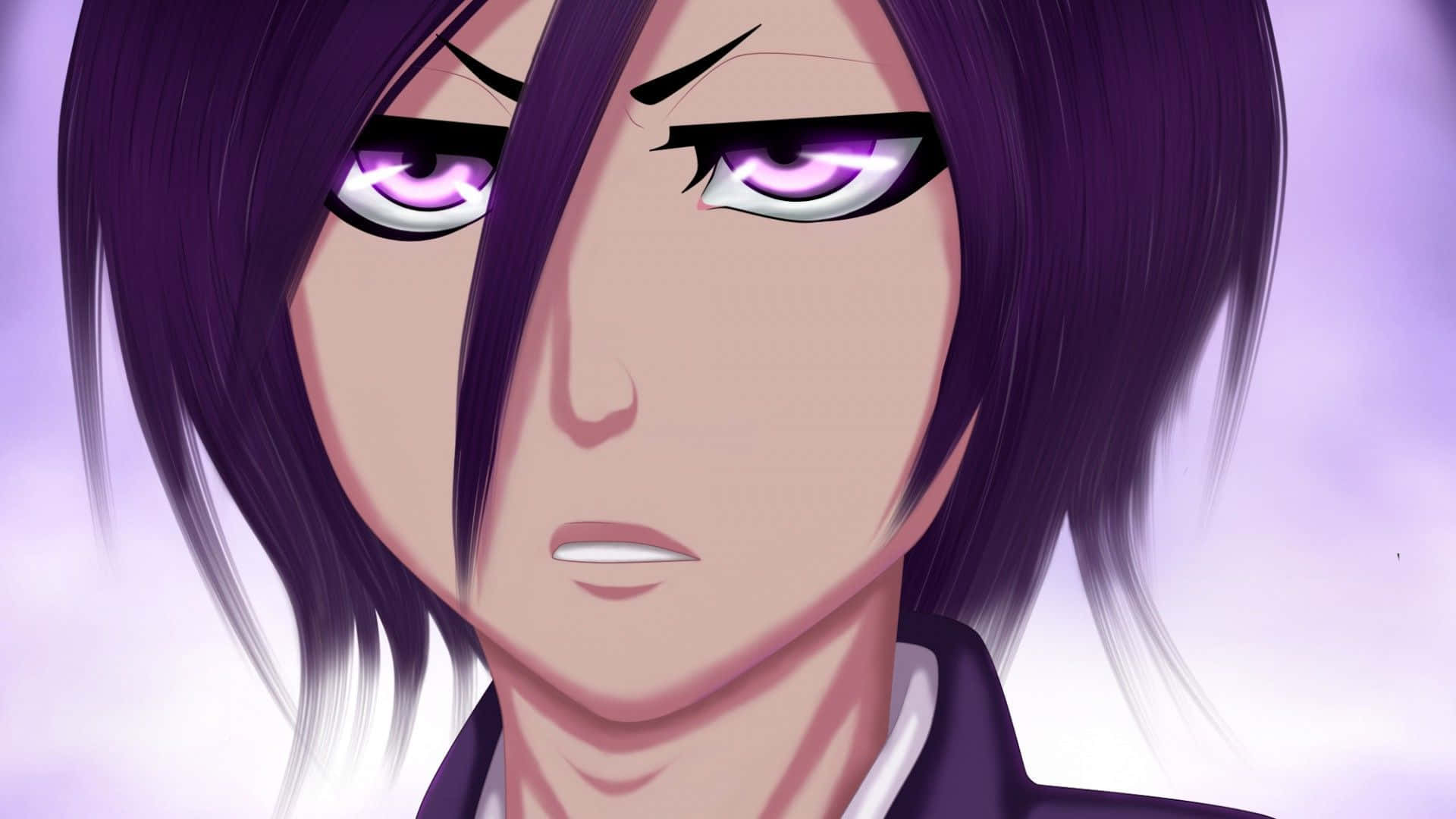 Rukia Kuchiki 桌布 壁紙 — 動漫角色特寫，紫色頭髮和發光的紫色眼睛，在柔和的薰衣草背景下強烈凝視。