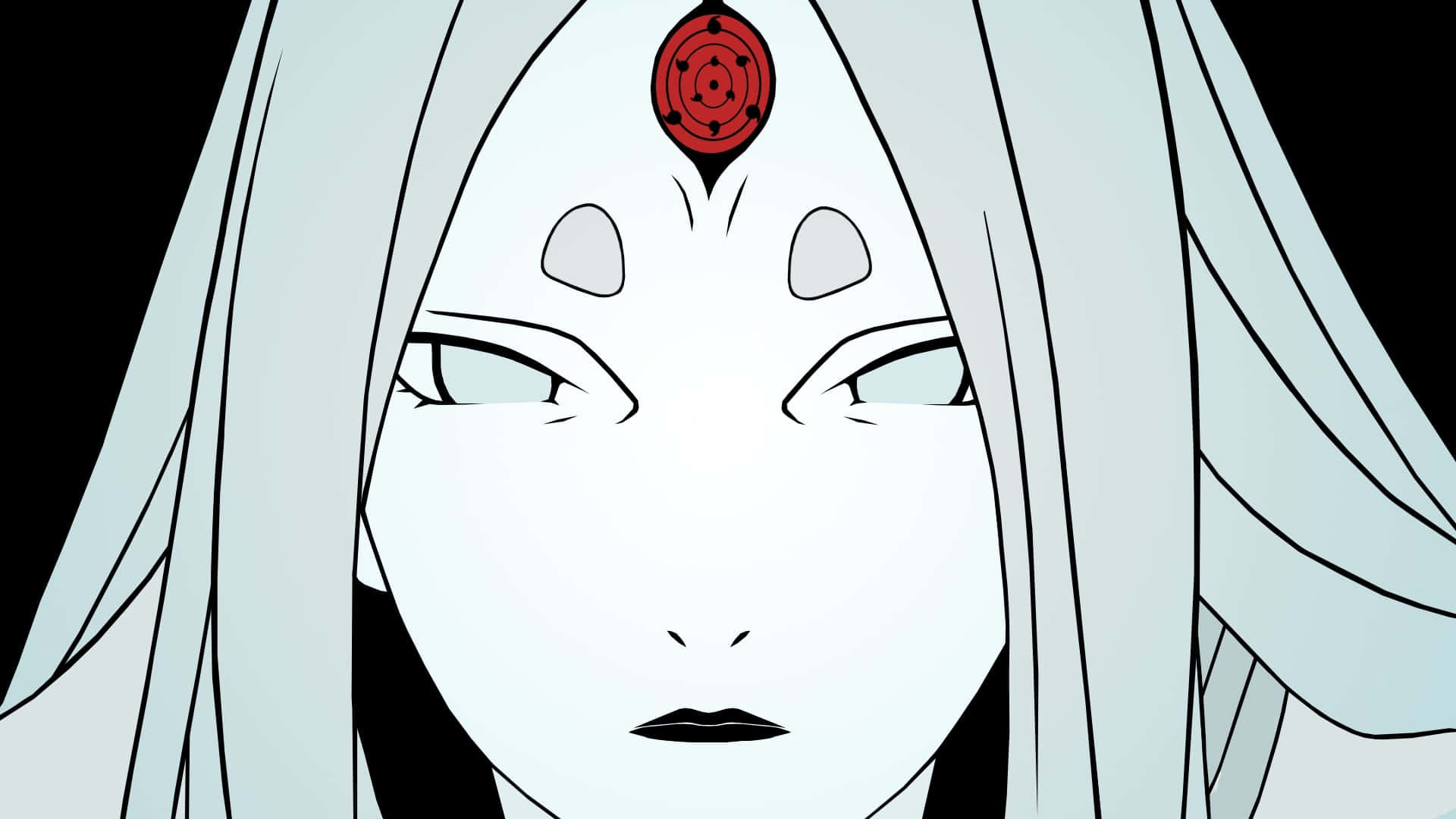 Kaguya Otsutsuki 桌布 壁紙 — 動漫角色特寫，蒼白皮膚、銀色頭髮、額頭上有紅色螺旋印記，背景為黑色。