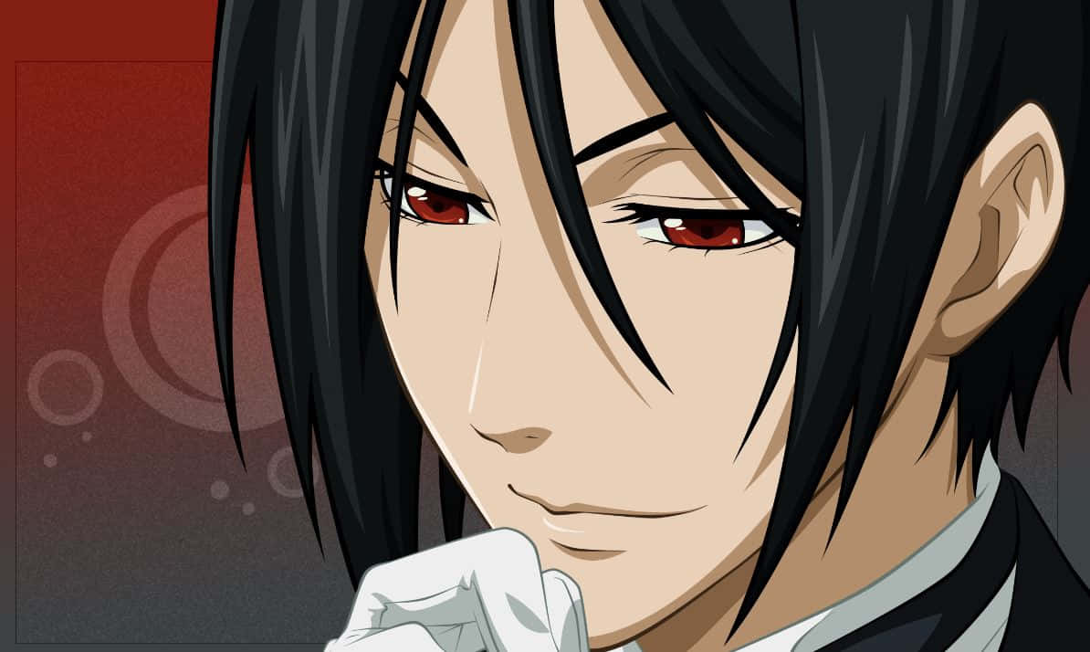 sebastian michaelis 桌布 壁紙 — 動漫角色特寫，黑髮紅眼，手持白色手帕，背景為紅色和灰色漸變。