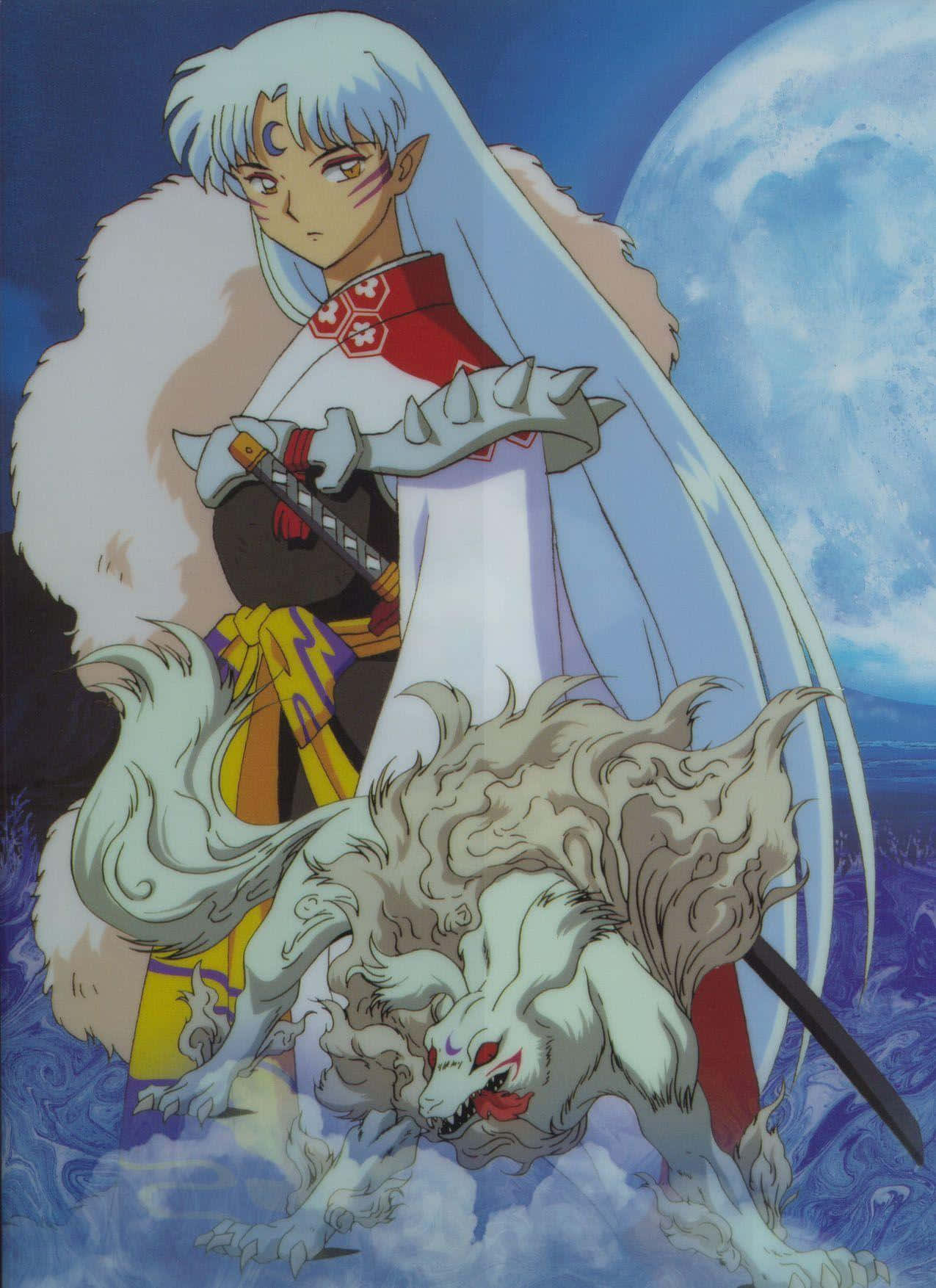 Sesshomaru 桌布 壁紙 — 動漫角色犬夜叉，白髮，與狗妖同伴站在神秘夜空中的巨大月亮前。