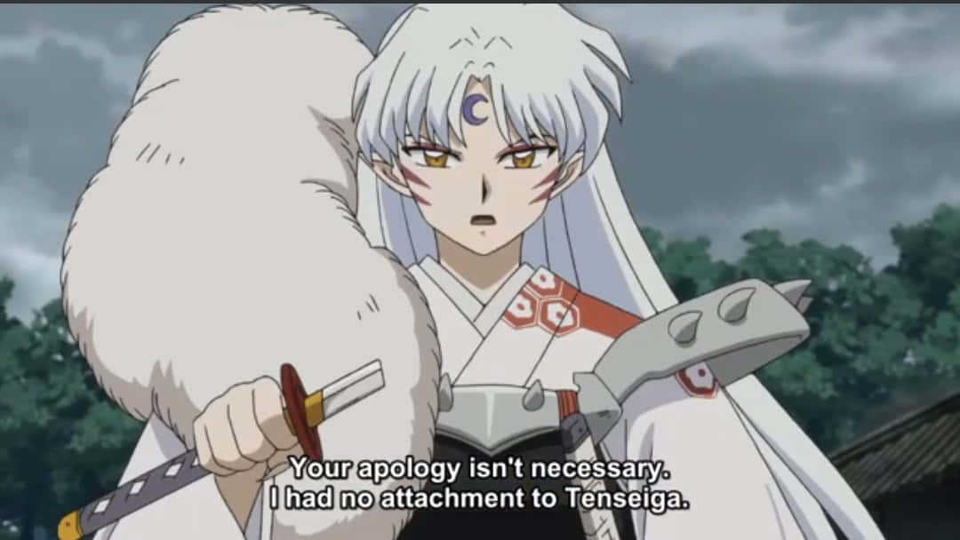 Tenseiga 桌布 壁紙 — 動漫角色犬夜叉，白髮狗耳，手持劍，背景為多雲的森林。