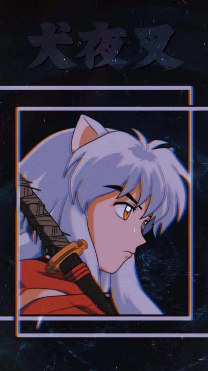 Inuyasha Kagura 桌布 壁紙 — 動漫角色犬夜叉，銀色頭髮和狗耳朵，在黑暗星空背景下，上方有日文文字，凝視著。