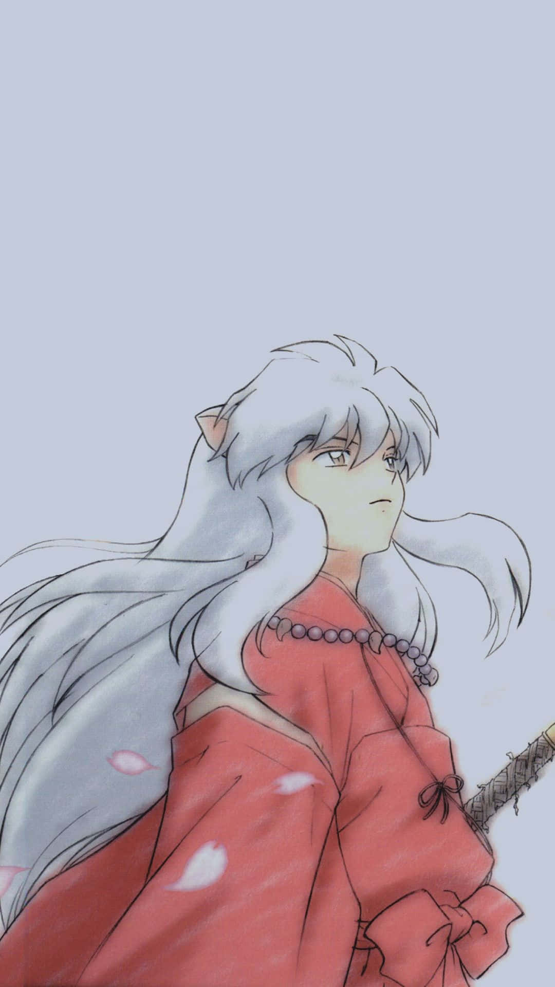Sesshomaru 桌布 壁紙 — 動漫角色犬夜叉，長銀髮和紅色和服，在柔和的薰衣草背景下向上凝視。