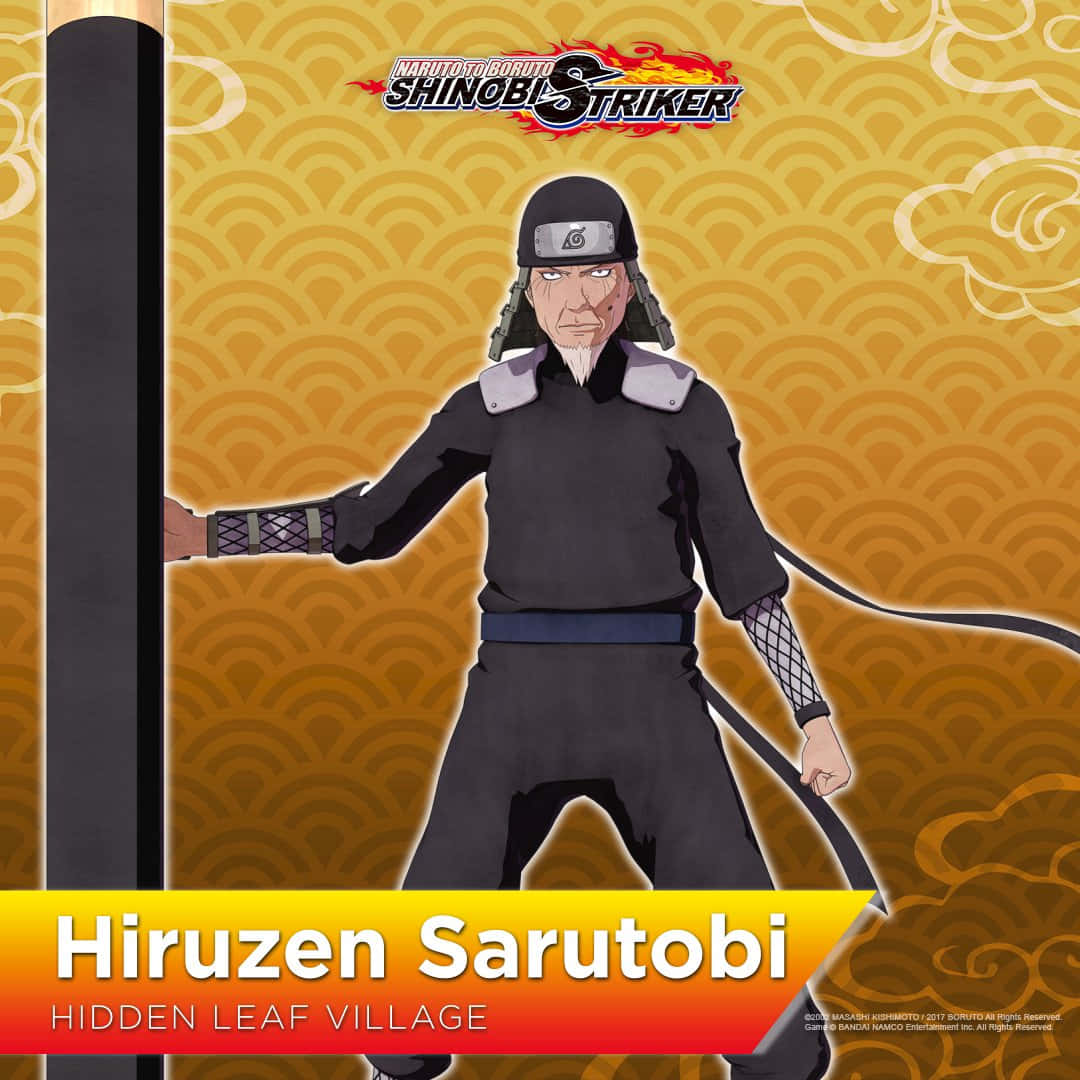 Third Hokage 桌布 壁紙 — 動漫角色猿飛日斬以武術姿勢站立，背景為金色波浪圖案及遊戲標題文字。