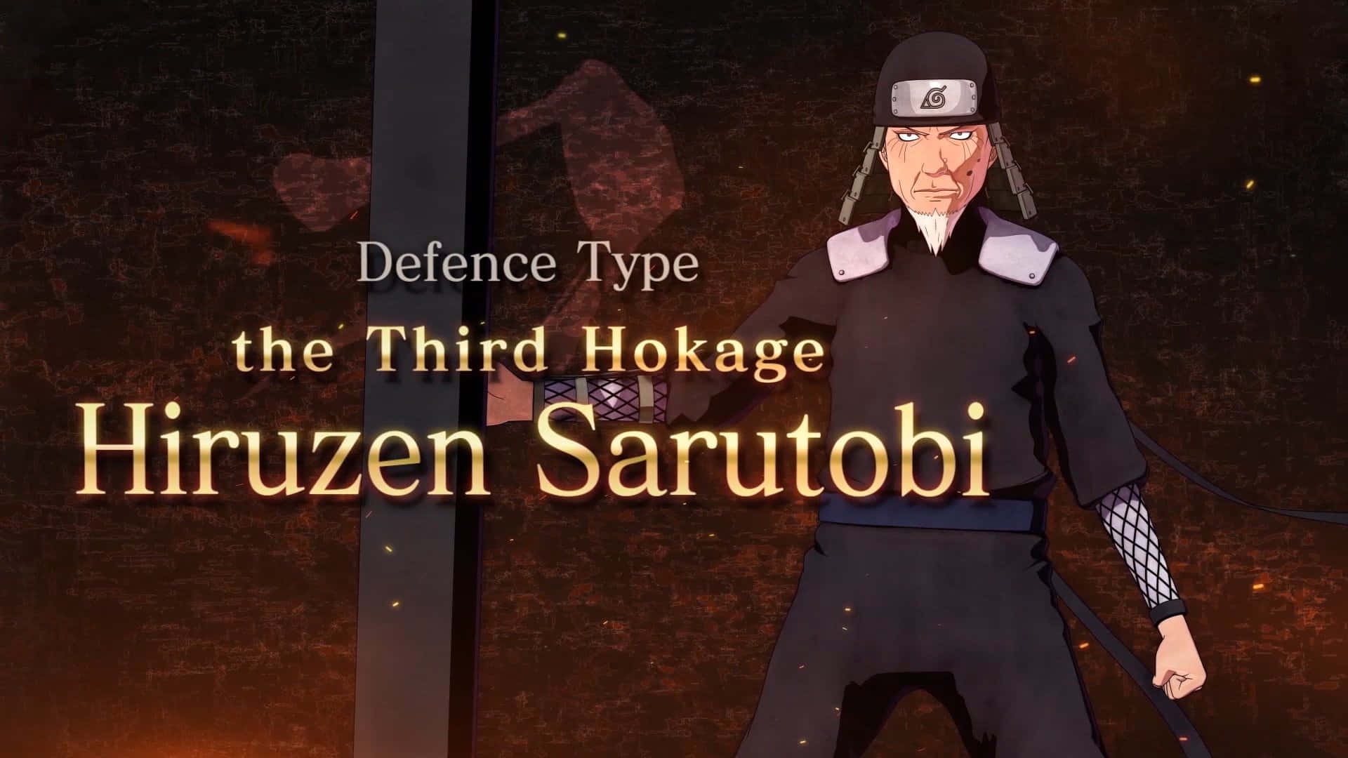 Hiruzen Sarutobi 桌布 壁紙 — 動漫角色猿飛日斬站在黑暗火熱的背景中，帶有發光文字標明他是第三代火影。