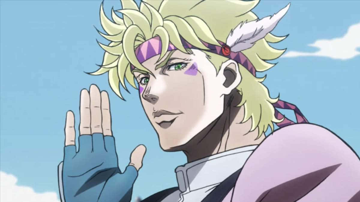 Caesar Anthonio Zeppeli 桌布 壁紙 — 動漫角色留著刺刺的金色頭髮，戴著紫色頭帶，在明亮的藍天下舉起手。
