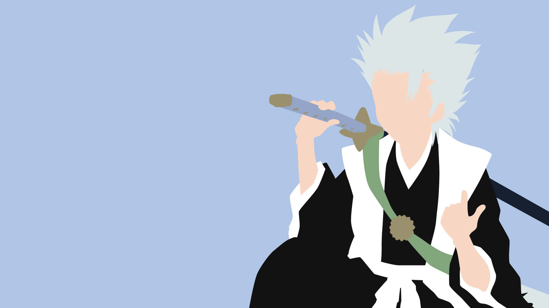 Toshiro Hitsugaya 桌布 壁紙 — 動漫角色留著尖刺白髮，在柔和藍色背景前將劍放在嘴邊。