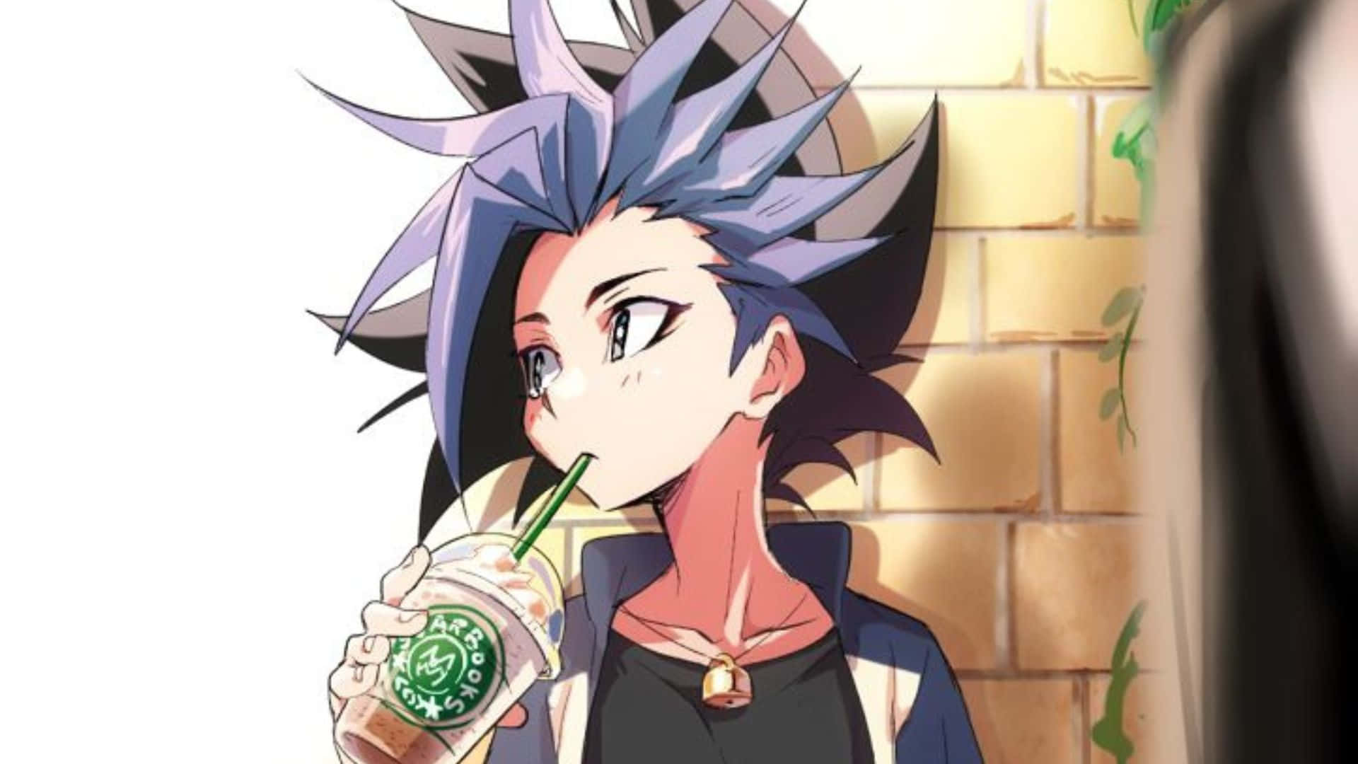 Yu-gi-oh Yuto 桌布 壁紙 — 動漫角色留著尖尖的藍色頭髮，在陽光照耀的磚牆旁啜飲飲料，牆上長滿綠色藤蔓。
