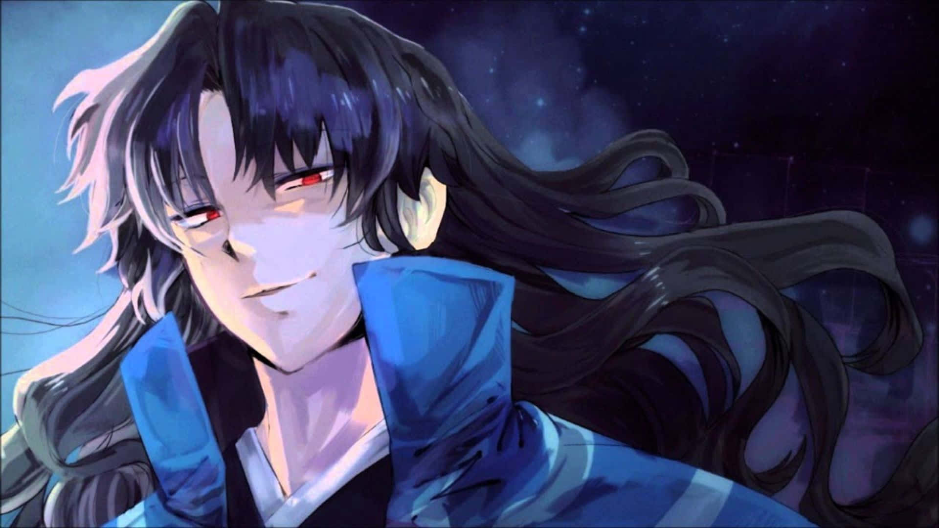 Naraku 桌布 壁紙 — 動漫角色留著深色長髮和紅色眼睛，在星空下穿著藍色服裝微笑。