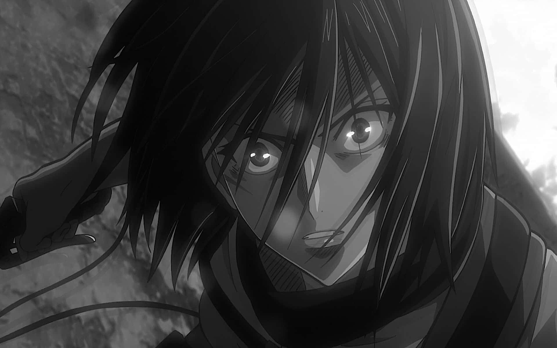 Attack On Titan Season 1 桌布 壁紙 — 動漫角色的特寫，擁有銳利的眼睛和深色頭髮，採用高對比度的單色風格。