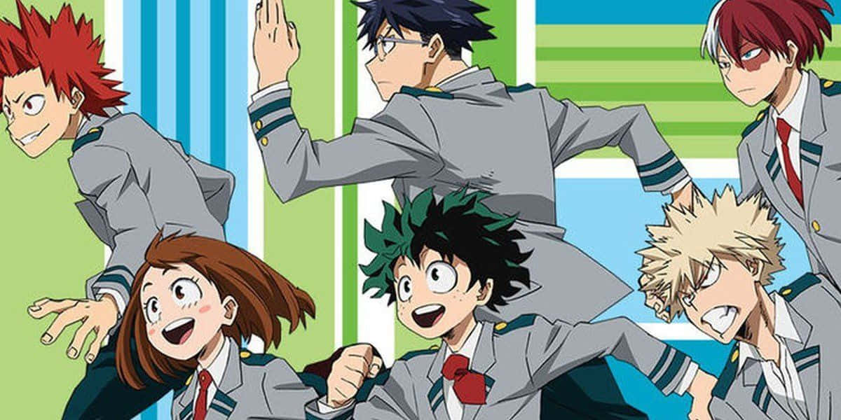 My Hero Academia cast of characters 壁紙 — 動漫角色穿著校服，在綠色和藍色條紋背景上充滿活力地跳躍和擺姿勢。