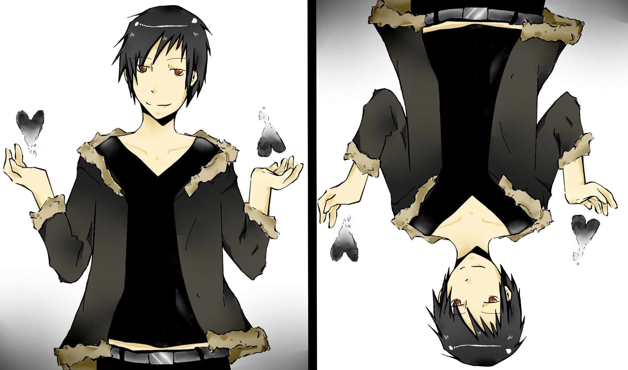 durarara 桌布 壁紙 — 動漫角色穿著破爛的黑色衣服，直立和倒立，心形在他周圍漂浮，背景為純白色。