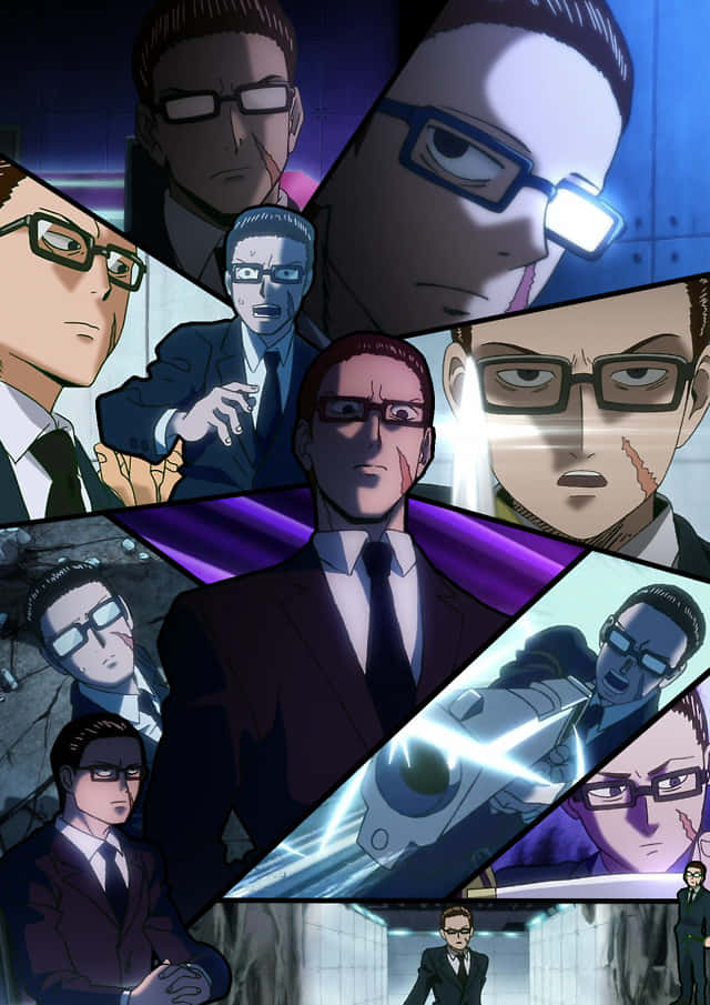 Yusuke Sakurai 桌布 壁紙 — 動漫角色穿著西裝和眼鏡的拼貼畫，帶有戲劇性燈光和強烈表情。