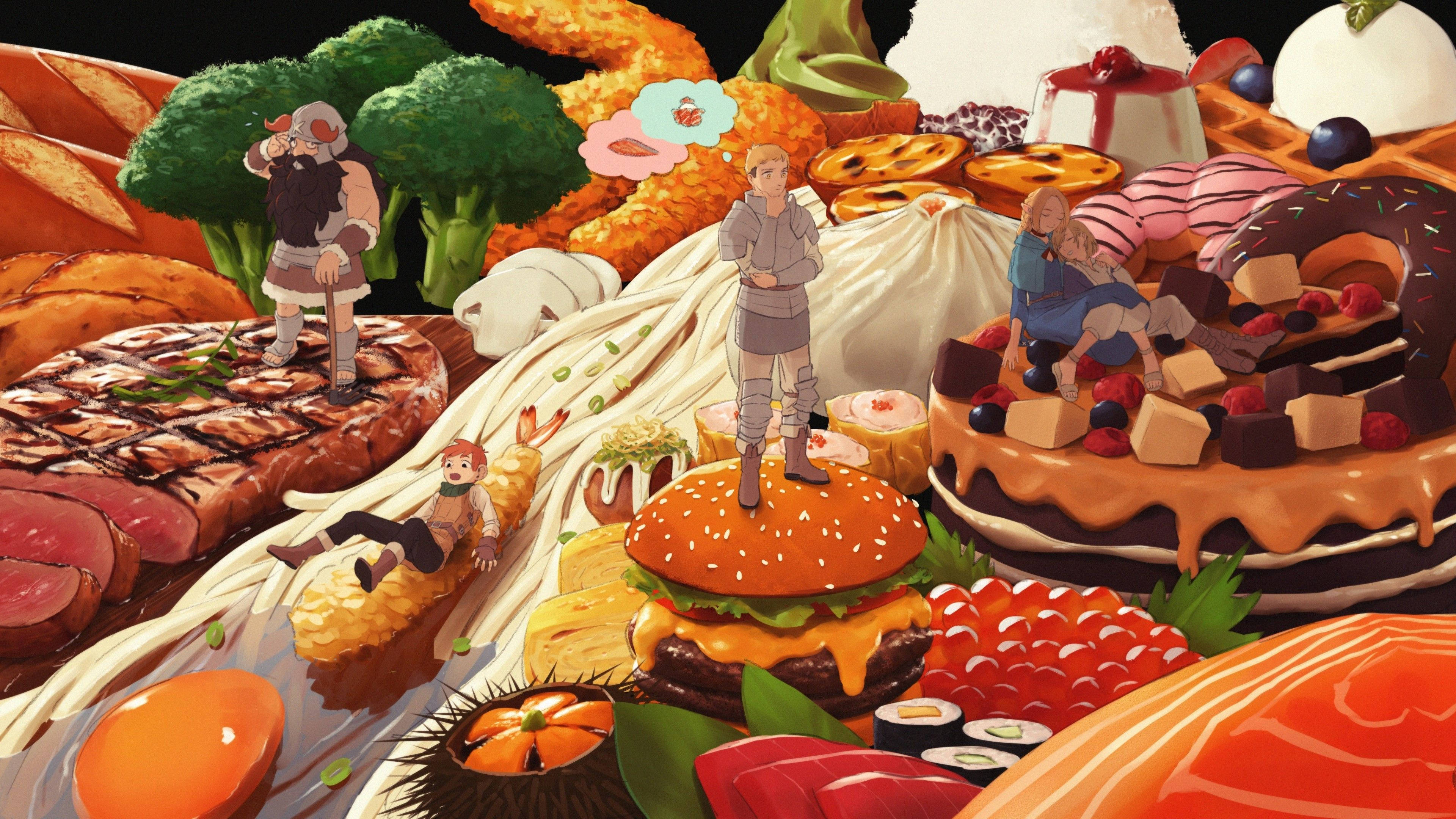 Thanksgiving Aesthetic 桌布 壁紙 — 動漫角色站在一個由各種食物（包括漢堡、壽司和甜品）組成的色彩繽紛的山頂上。