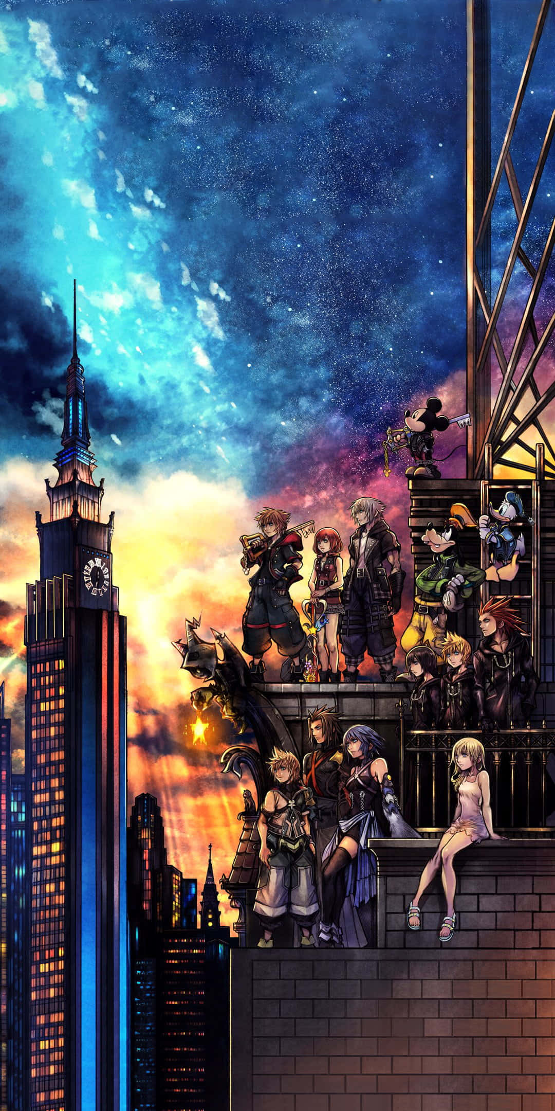 Kingdom 桌布 壁紙 — 動漫角色站在城市屋頂上，背景是充滿星星和發光雲朵的鮮豔暮色天空。