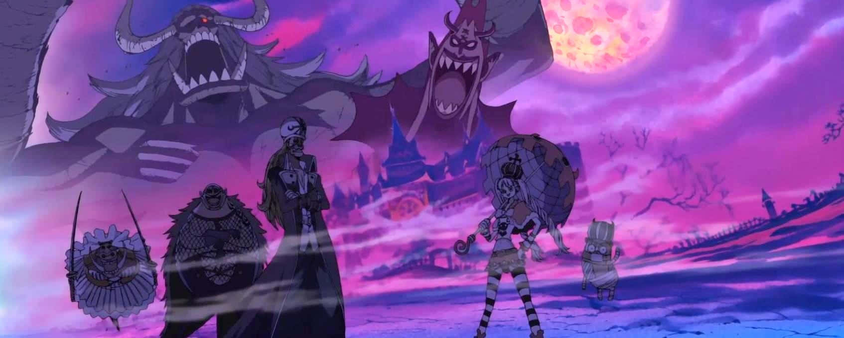 Thriller Bark 桌布 壁紙 — 動漫角色站在發光的粉紅色月亮下，在超現實的紫色景觀中面對巨大的惡魔形象。