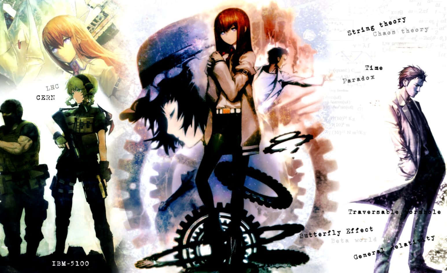 Steins Gate 桌布 壁紙 — 動漫角色站在科學方程式和齒輪圖案中，構成物理概念的動態拼貼。