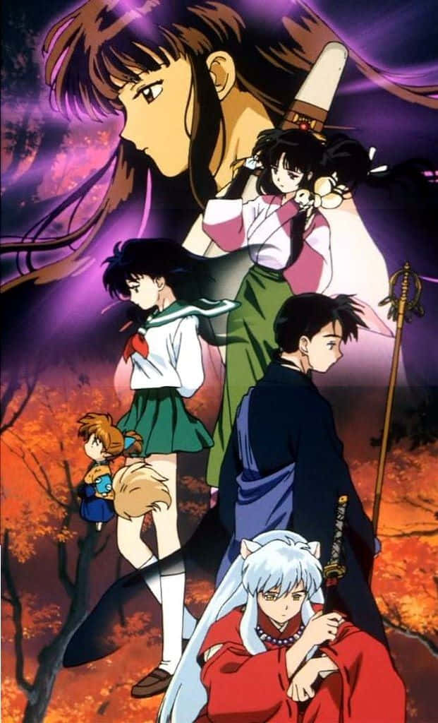 Inuyasha And Kikyo 桌布 壁紙 — 動漫角色站在紫色天空下火焰般的秋日森林中，帶有發光的能量效果。