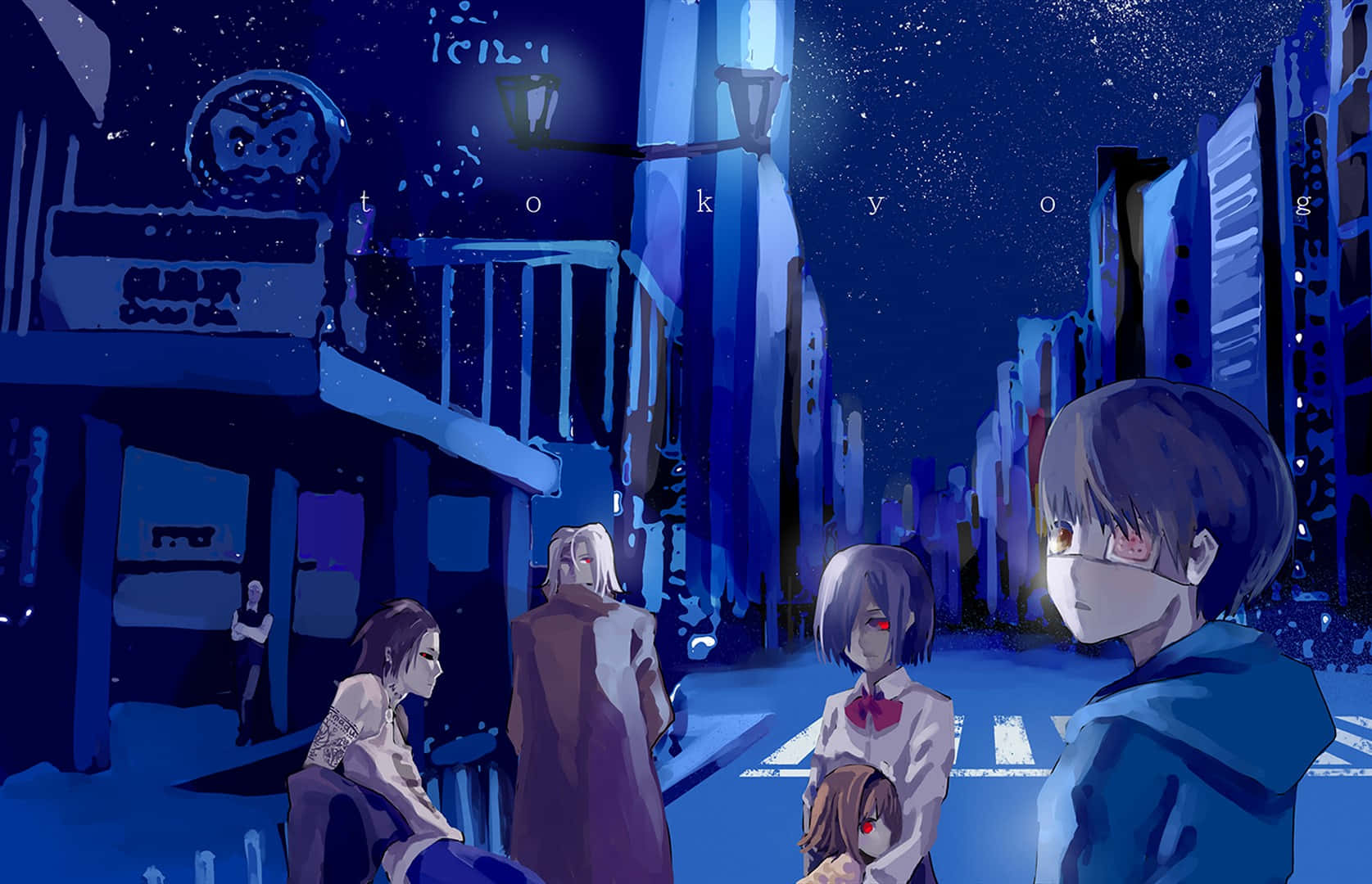Tokyo Ghoul Uta 桌布 壁紙 — 動漫角色站在霓虹燈閃爍的東京街道上，星空下，發光的招牌和雨中。