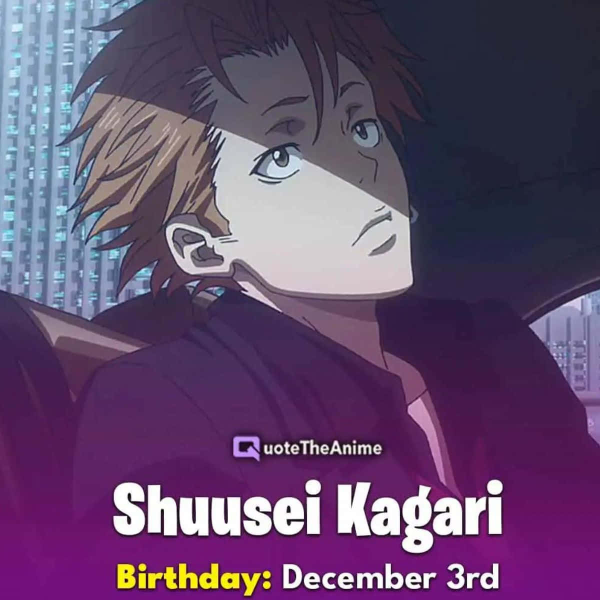 Shusei Kagari 桌布 壁紙 — 動漫角色篝愁星在夜間從車內若有所思地凝視，身後城市燈光閃爍。