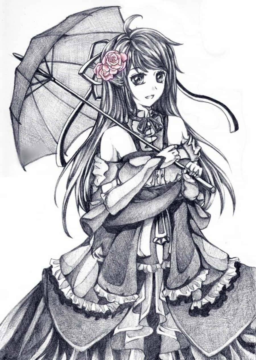 動漫角色精緻插畫 壁紙 — 一幅詳細的鉛筆素描，描繪一位年輕的動漫女孩，長髮飄逸，手持一把點綴著粉紅玫瑰的雨傘。