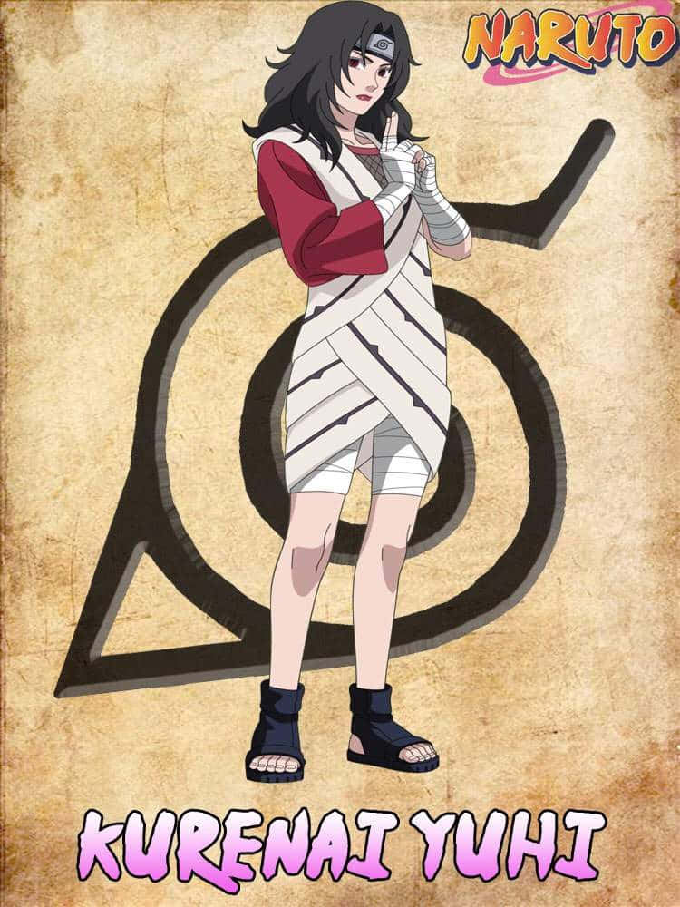 Kurenai Yuhi 桌布 壁紙 — 動漫角色紅夕日以戰鬥姿勢站在羊皮紙背景上的一個大型黑色螺旋符號前。
