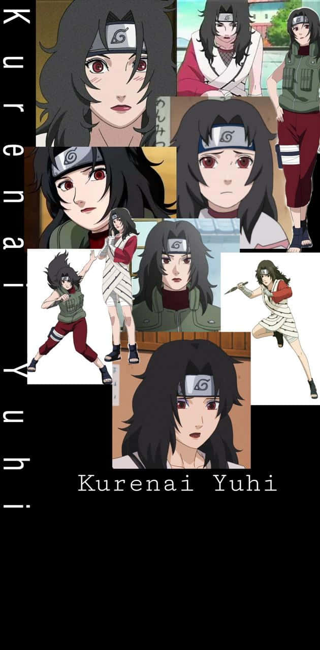 Kurenai Yuhi 桌布 壁紙 — 動漫角色紅夕日在各種姿勢和服裝中的拼貼畫，背景為黑色，她的名字垂直書寫。