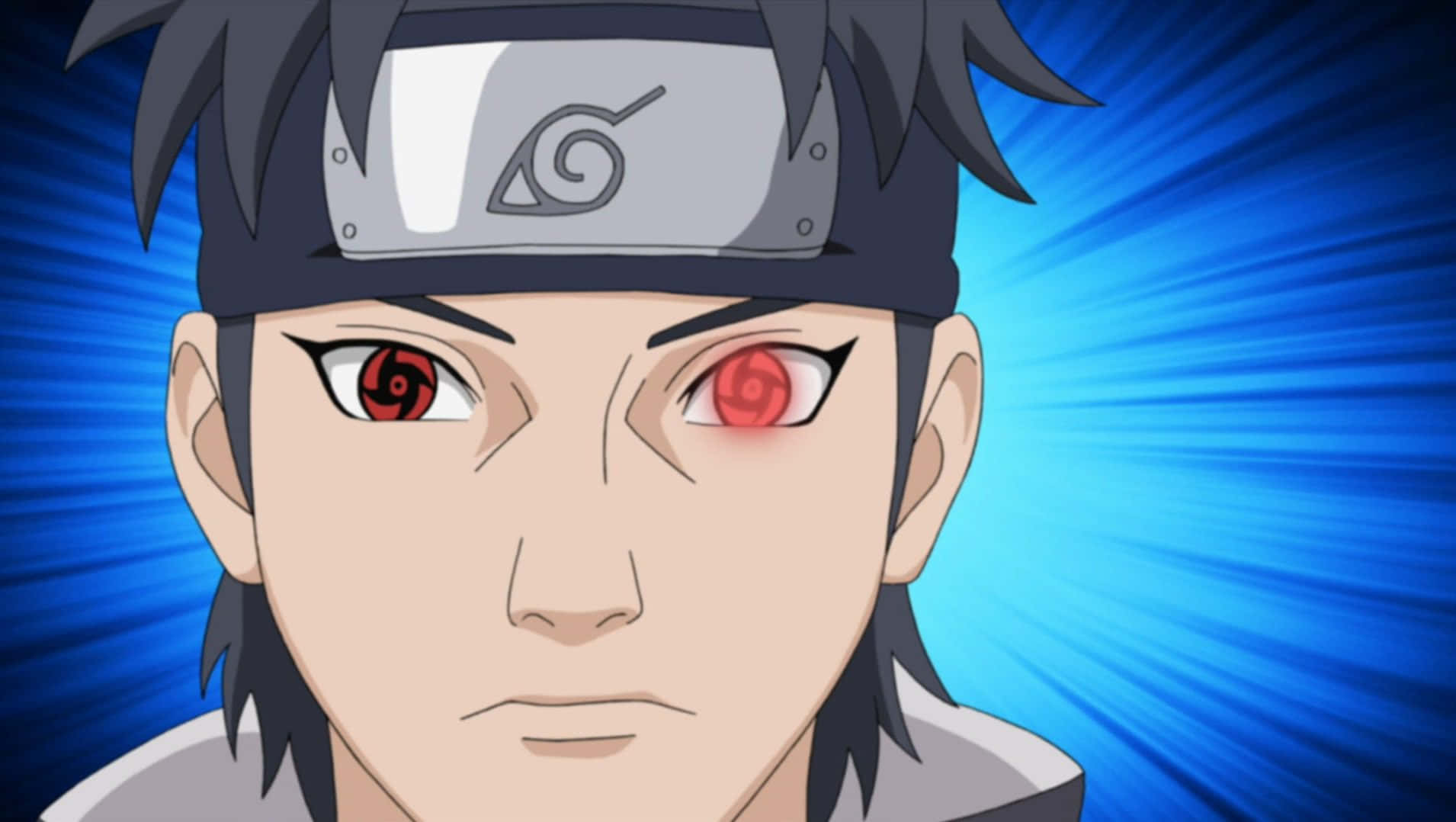 Mangekyou Sharingan 桌布 壁紙 — 動漫角色紅眼戴頭帶，在藍色放射背景前凝視。