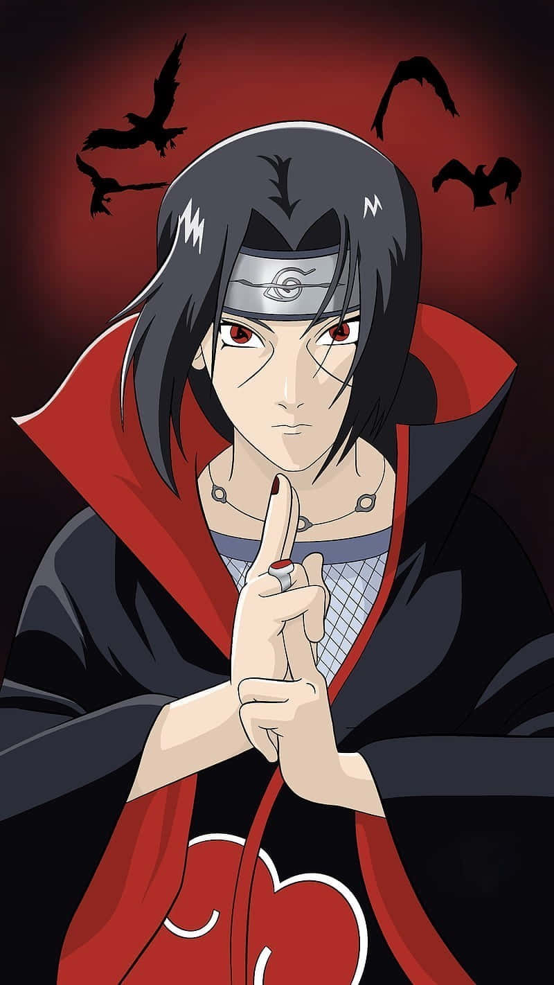 Jutsu 桌布 壁紙 — 動漫角色紅眼黑斗篷，在蝙蝠飛翔的暗紅天空下結手印。
