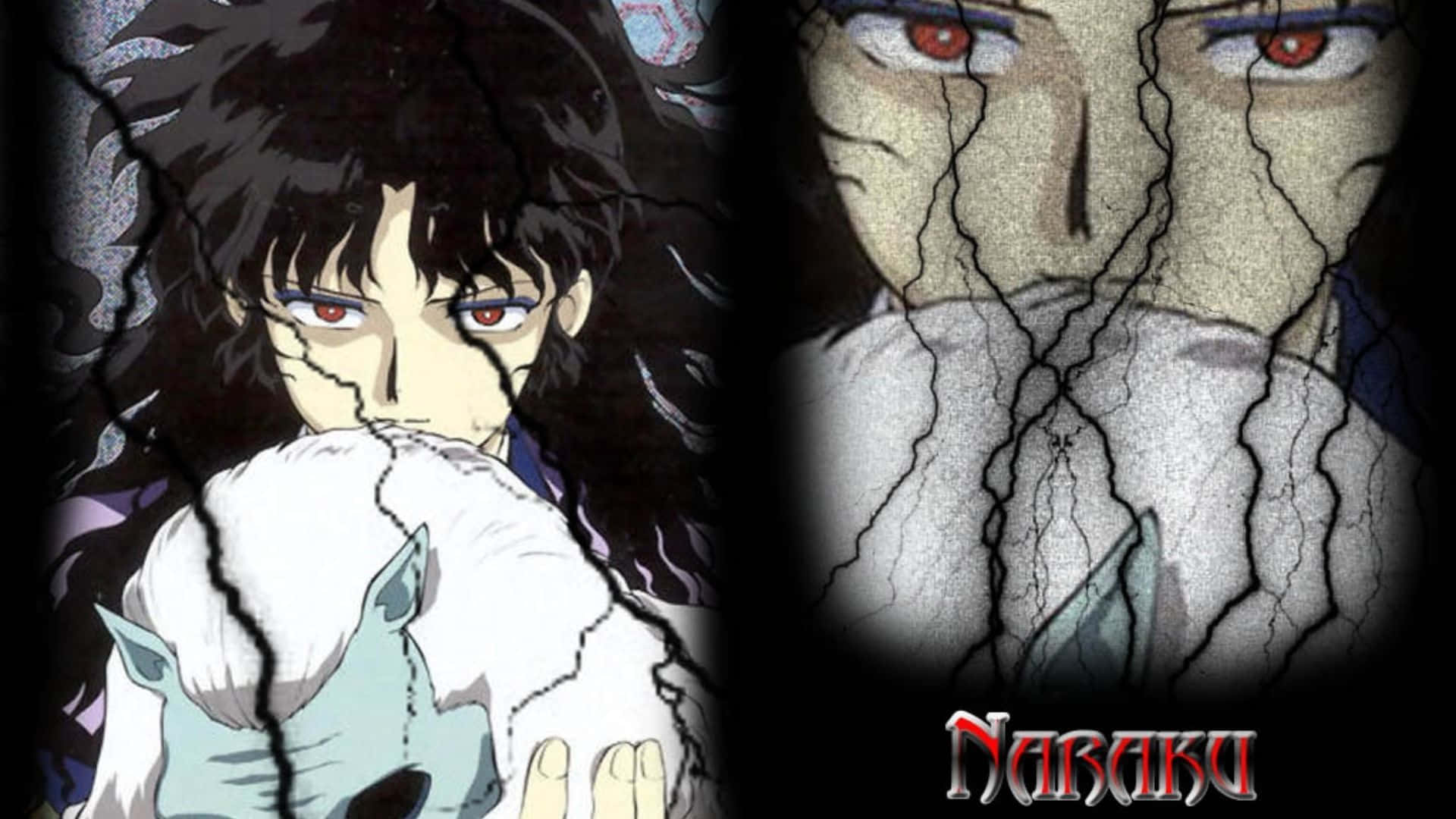 Naraku 桌布 壁紙 — 動漫角色紅眼黑髮，抱著一隻白色生物，圖像裂開，露出背後一張威脅性的臉。