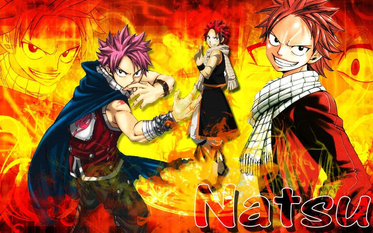 natsu dragneel 桌布 壁紙 — 動漫角色納茲以火焰爆發的動作姿勢站立，背景是熾熱的橙色和黃色。