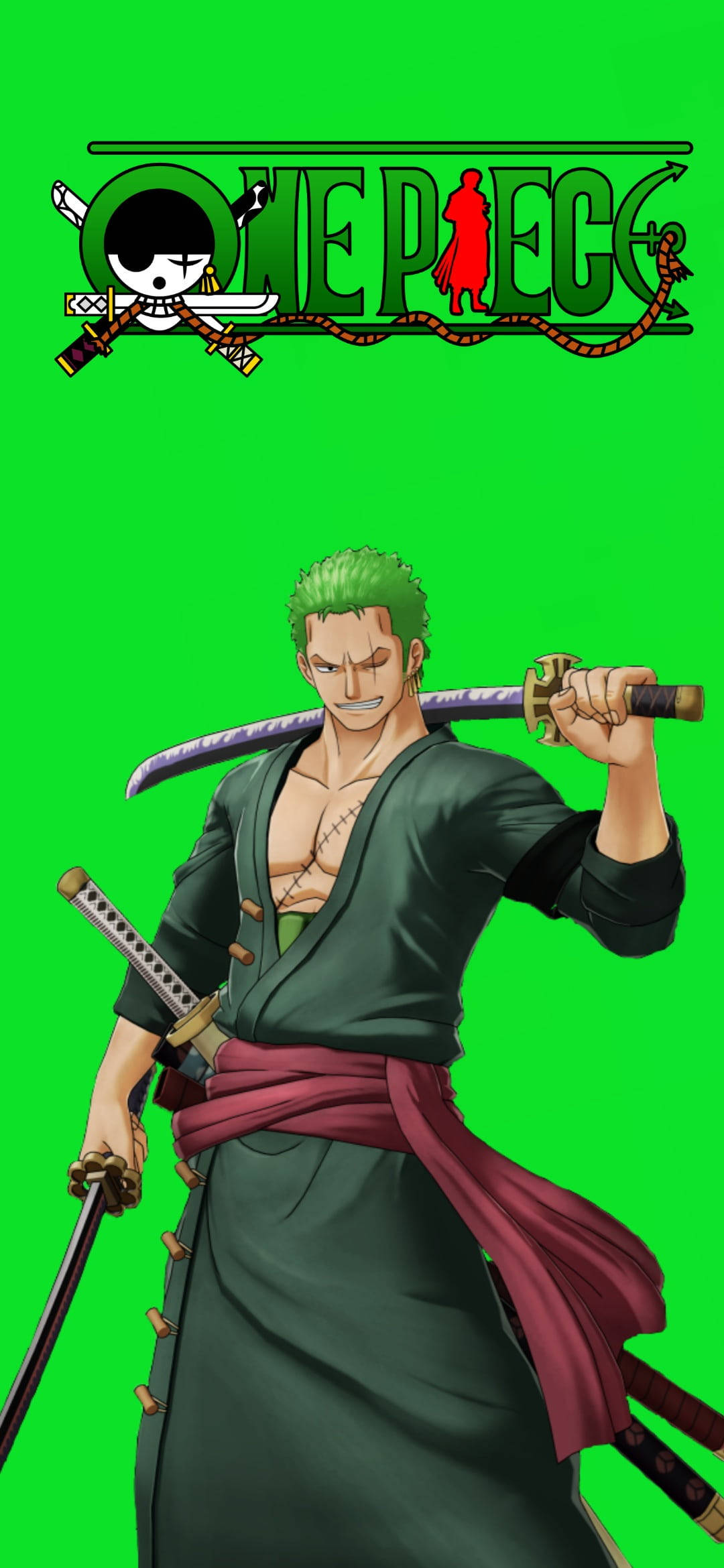 Roronoa 桌布 壁紙 — 動漫角色索隆自信地站在明亮的綠色背景前，手持兩把刀，背景上有一件海賊王標誌。