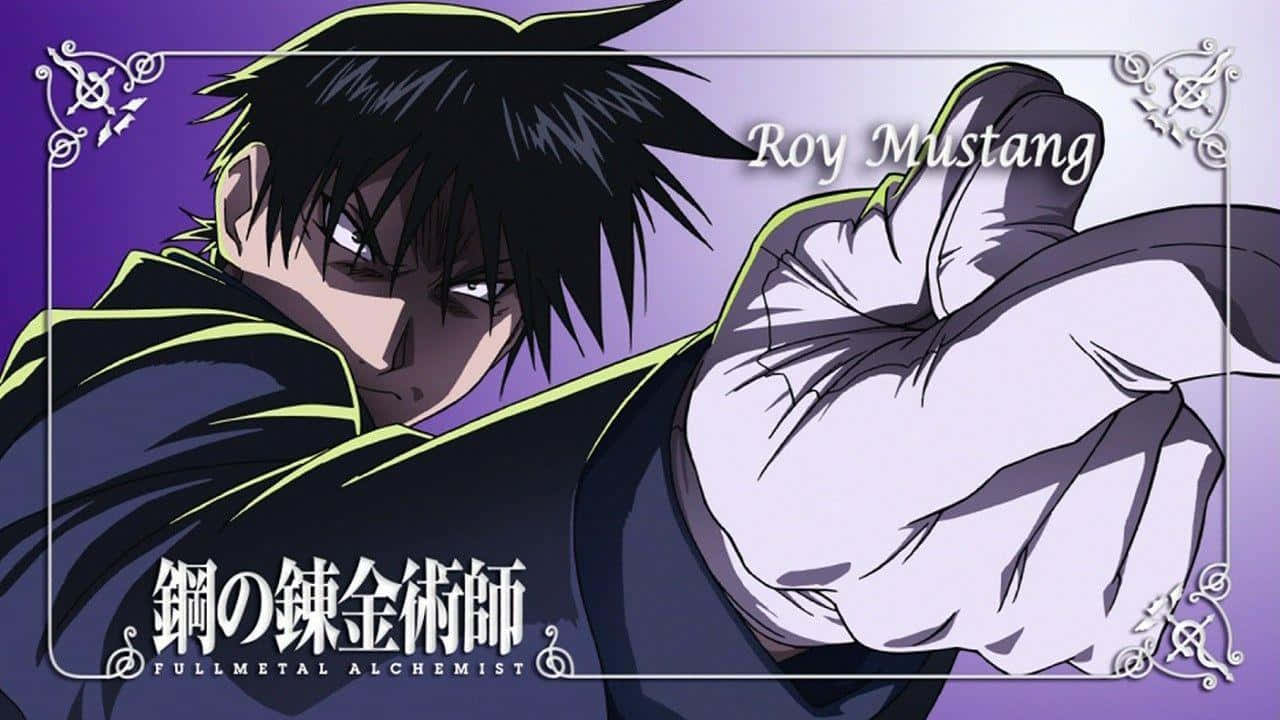 Roy Mustang 桌布 壁紙 — 動漫角色羅伊·馬斯坦古以動態姿勢握緊拳頭，背景為紫色。
