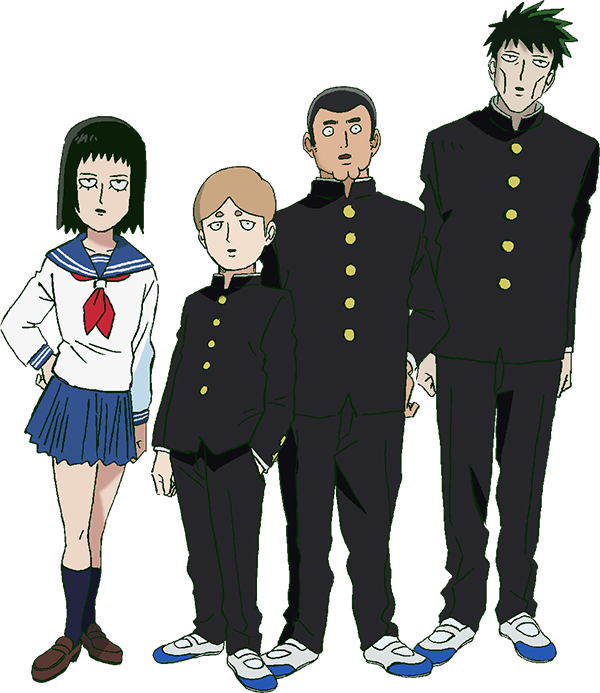 動漫角色群像 壁紙 — 四個動畫學生穿著校服，站在純青色背景前，表情空白。