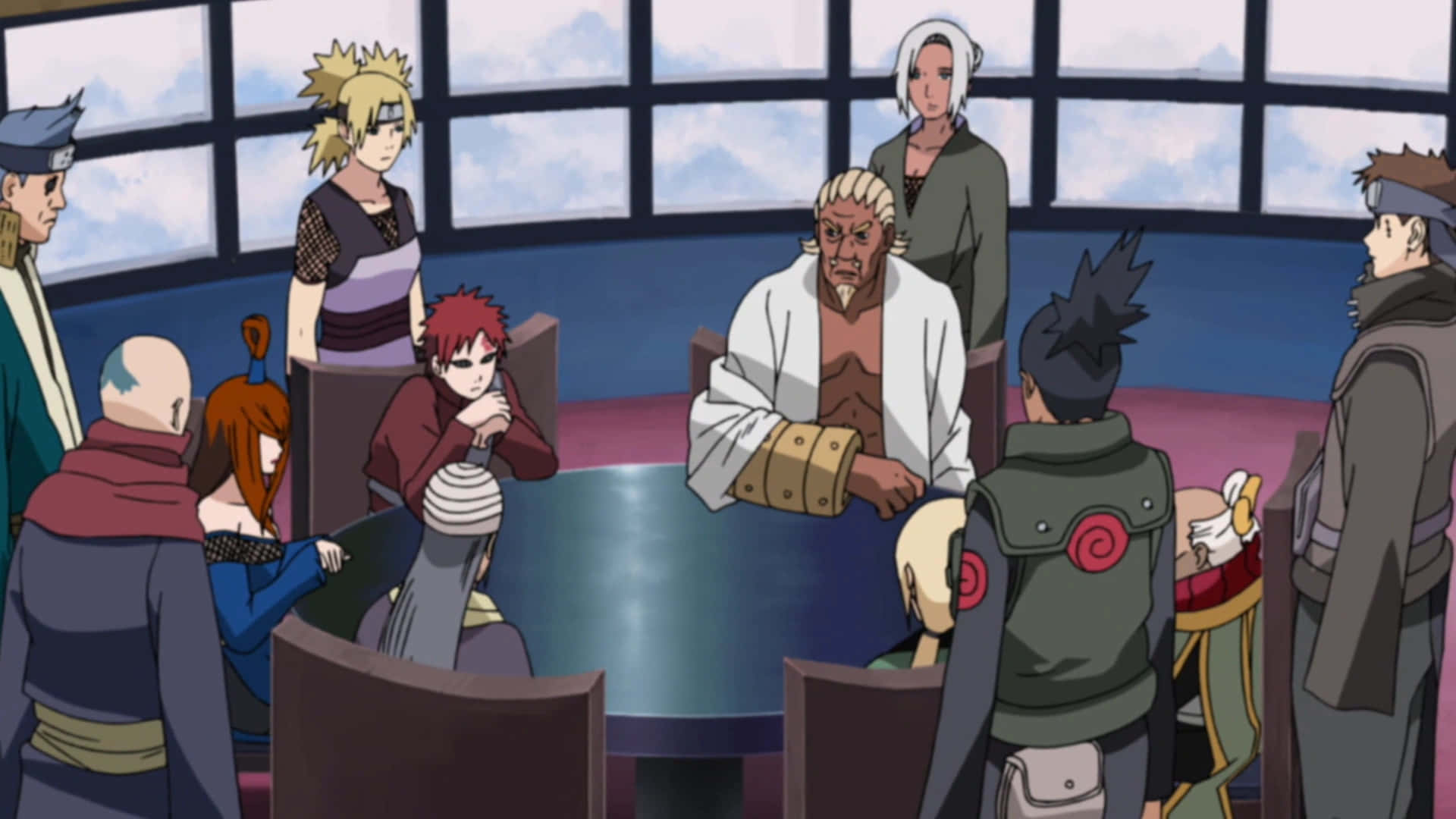 Five Kage Summit 桌布 壁紙 — 動漫角色聚集喺一張枱周圍，喺一個有大型窗戶顯示雲嘅明亮房間。