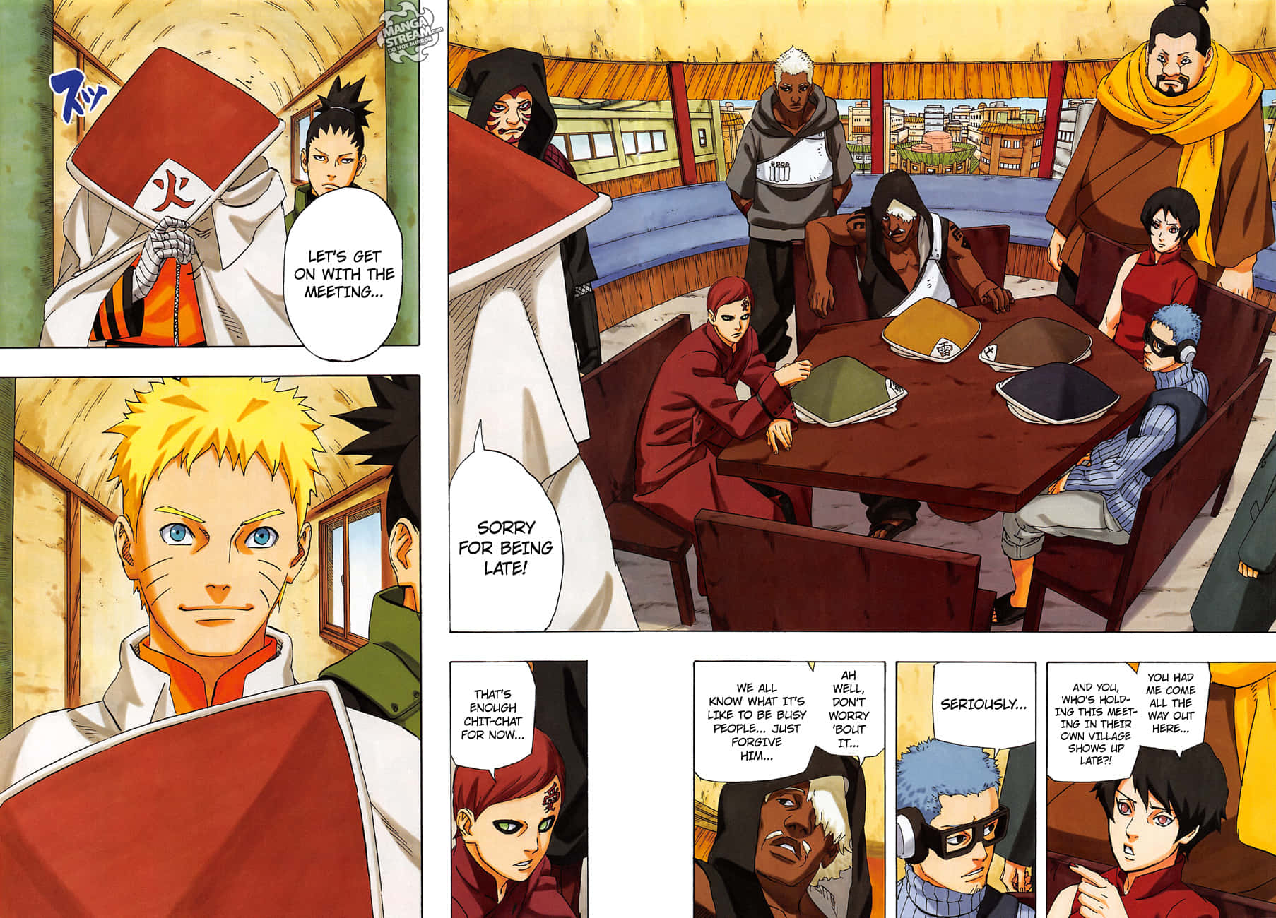 Naruto Kage 桌布 壁紙 — 動漫角色聚集在一張木桌周圍，在溫暖照明的房間裡進行緊張的會議，並帶有對話氣泡。