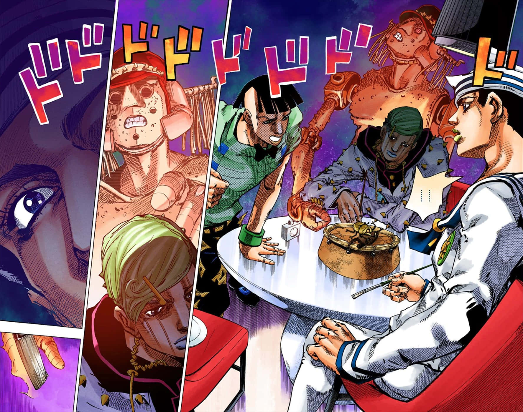 Jojolion 桌布 壁紙 — 動漫角色聚集在桌子旁，在繁星點點的紫色天空下進行緊張的用餐，並帶有動態動作面板。