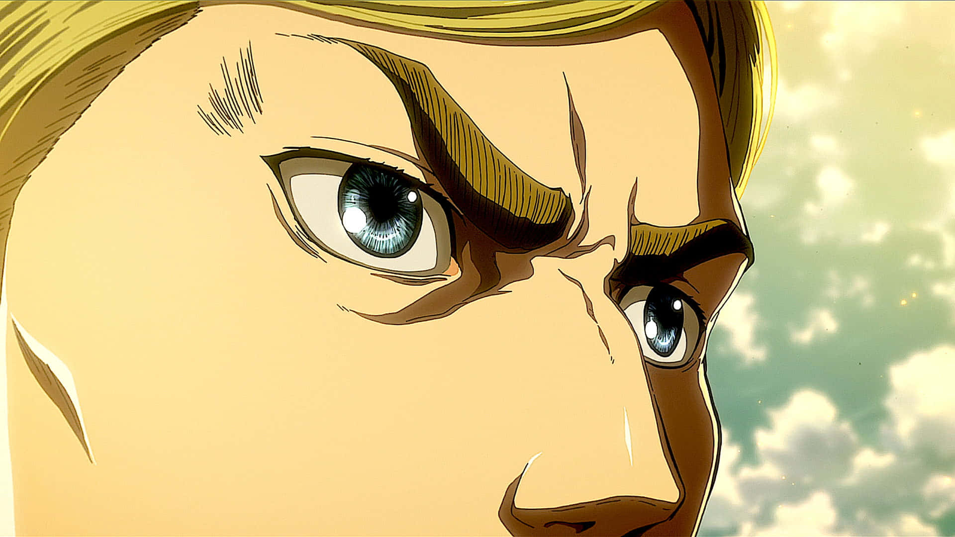 Attack On Titan Season 2 桌布 壁紙 — 動漫角色臉部特寫，帶有銳利的藍色眼睛和皺起的眉毛，背景是多雲的天空。