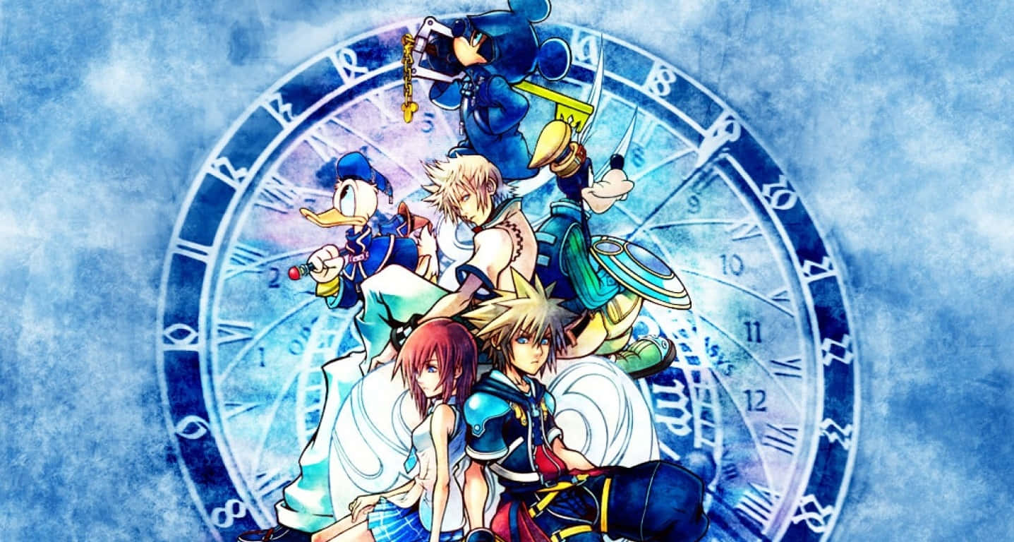 Kingdom Hearts Characters 桌布 壁紙 — 動漫角色英勇地站在發光的藍色時鐘前，背景是陰天。