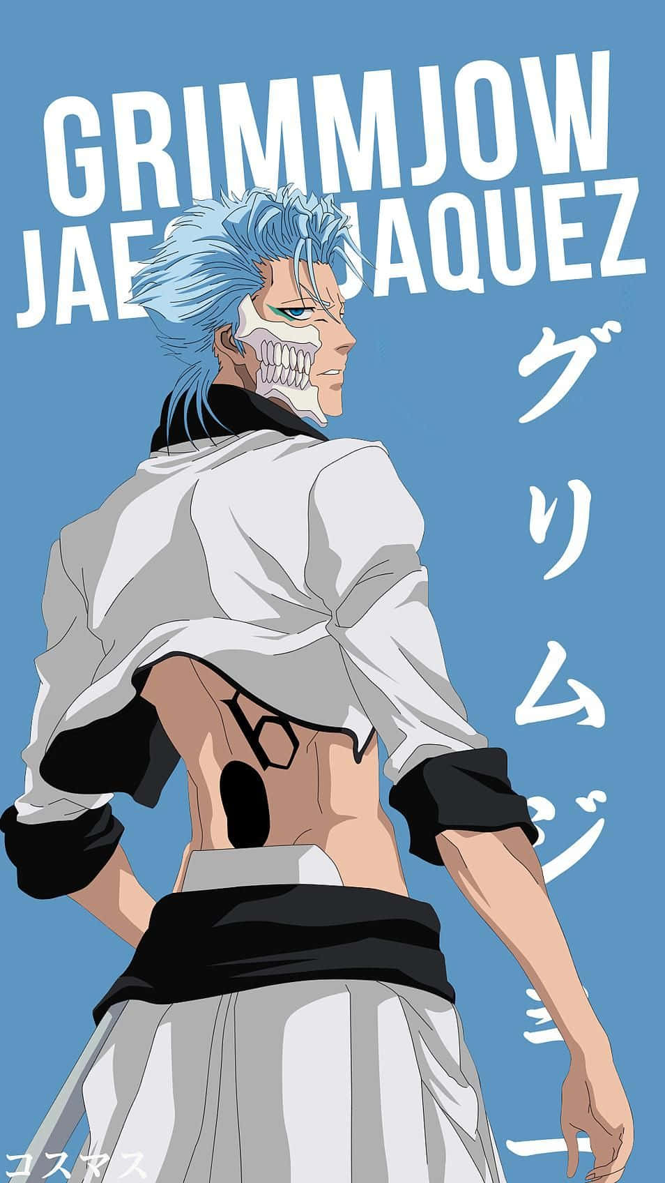 Grimmjow Jaegerjaquez 桌布 壁紙 — 動漫角色葛力姆喬·賈卡傑克以側面站立在純藍色背景前，他的名字以粗體白色文字顯示。