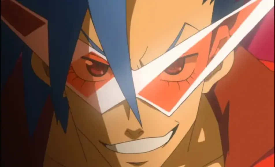 Gurren Lagann Kamina 桌布 壁紙 — 動漫角色藍髮紅眼，戴著白色和橙色面具，微笑特寫。